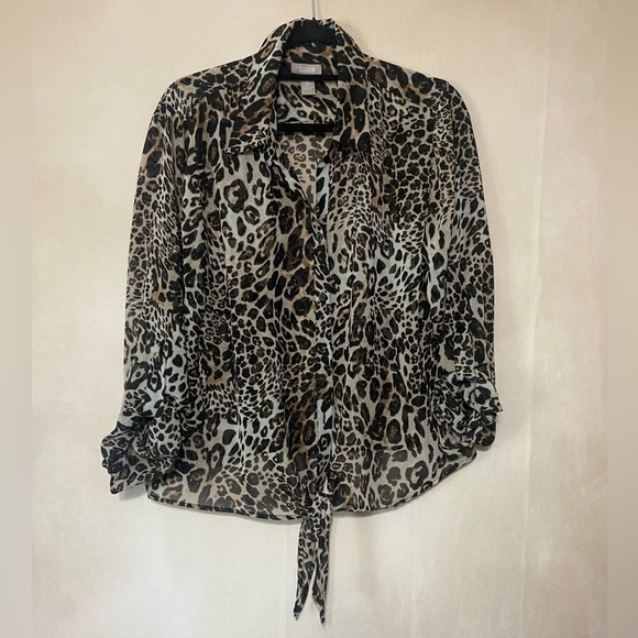 Chico's women's 2 (large) animal print semi sheer button down tie front blouse - Picture 2 of 6